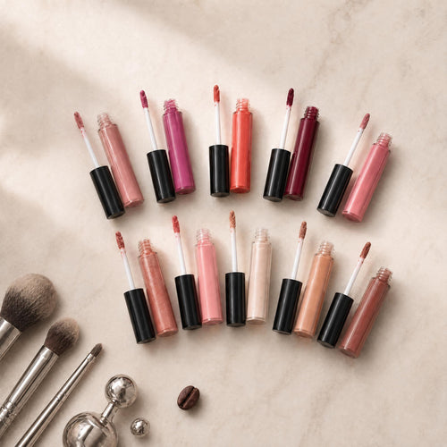 Collection of lip glosses and applicators on a beige surface