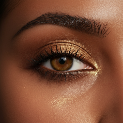 Close-up of a brown eye with gold eyeshadow